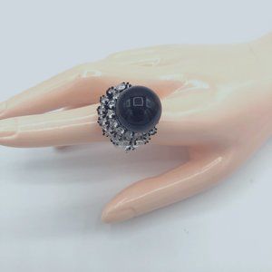 STERLING SILVER RING 4.02 CTS GENUINE WHITE TOPAZ & 16MM BLACK SHELL PEARL